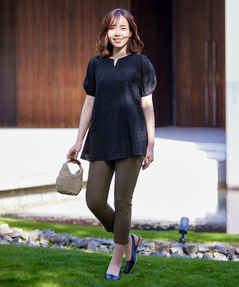 【2TYPE/総レース・袖レース】パンチングレースパフスリーブチュニックブラウス