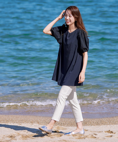 【2TYPE/総レース・袖レース】パンチングレースパフスリーブチュニックブラウス