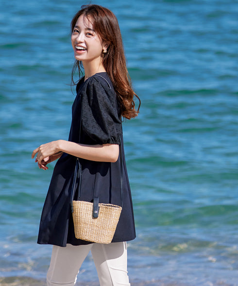 【2TYPE/総レース・袖レース】パンチングレースパフスリーブチュニックブラウス