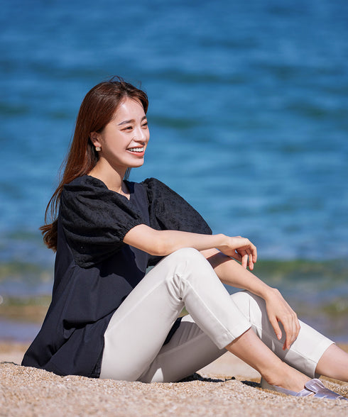 【2TYPE/総レース・袖レース】パンチングレースパフスリーブチュニックブラウス