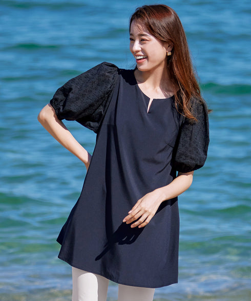 【2TYPE/総レース・袖レース】パンチングレースパフスリーブチュニックブラウス