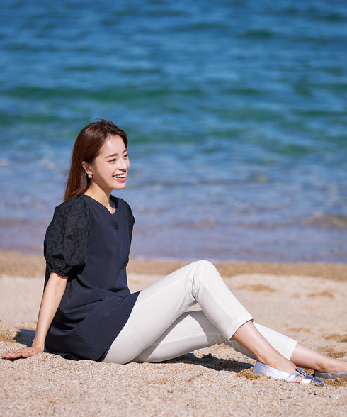 【2TYPE/総レース・袖レース】パンチングレースパフスリーブチュニックブラウス