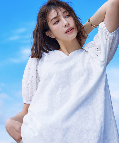 【2TYPE/総レース・袖レース】パンチングレースパフスリーブチュニックブラウス