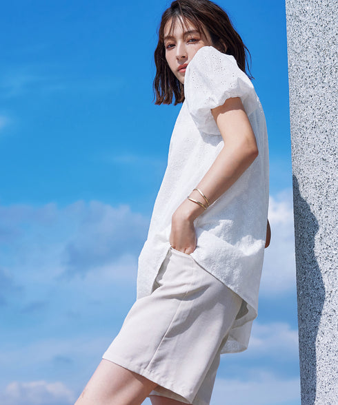 【2TYPE/総レース・袖レース】パンチングレースパフスリーブチュニックブラウス