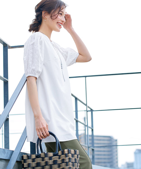 【2TYPE/総レース・袖レース】パンチングレースパフスリーブチュニックブラウス
