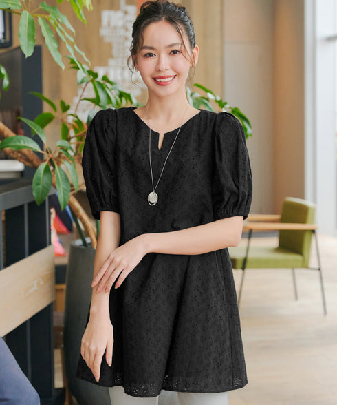 【2TYPE/総レース・袖レース】パンチングレースパフスリーブチュニックブラウス