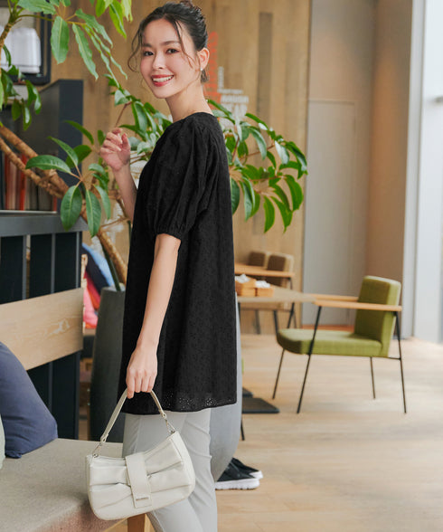 【2TYPE/総レース・袖レース】パンチングレースパフスリーブチュニックブラウス