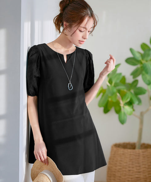 【2TYPE/総レース・袖レース】パンチングレースパフスリーブチュニックブラウス