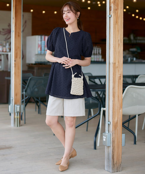 【2TYPE/総レース・袖レース】パンチングレースパフスリーブチュニックブラウス