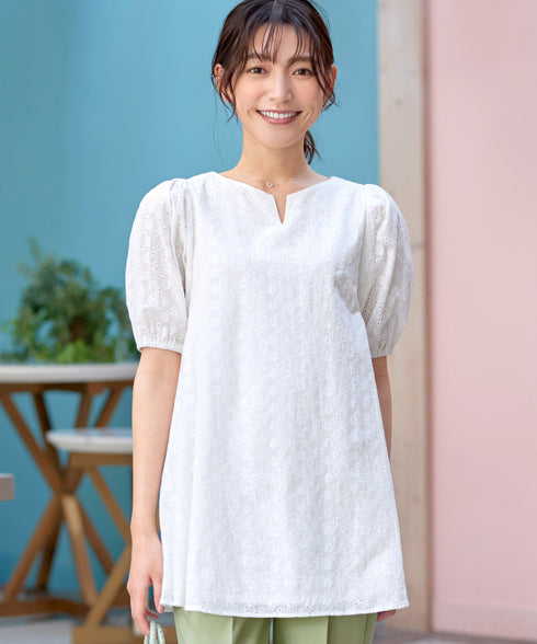 【2TYPE/総レース・袖レース】パンチングレースパフスリーブチュニックブラウス