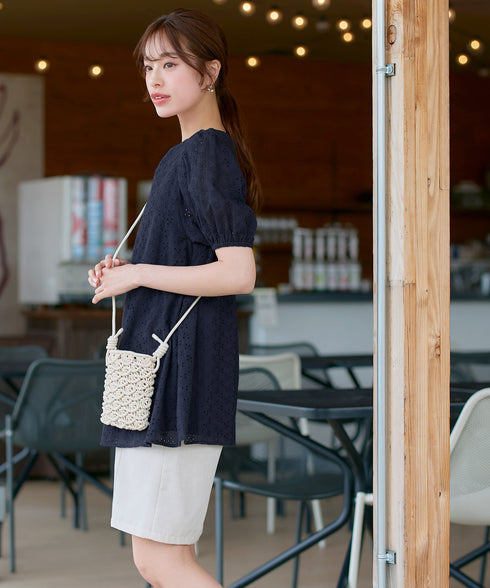 【2TYPE/総レース・袖レース】パンチングレースパフスリーブチュニックブラウス