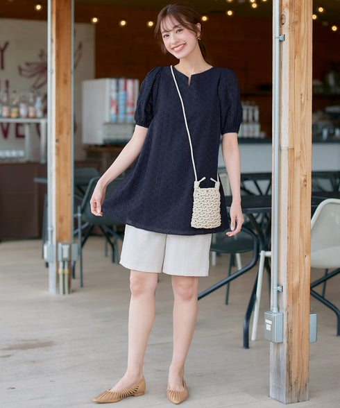 【2TYPE/総レース・袖レース】パンチングレースパフスリーブチュニックブラウス