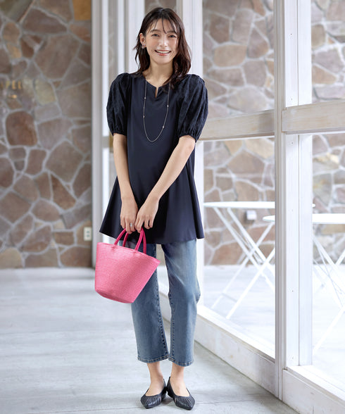 【2TYPE/総レース・袖レース】パンチングレースパフスリーブチュニックブラウス