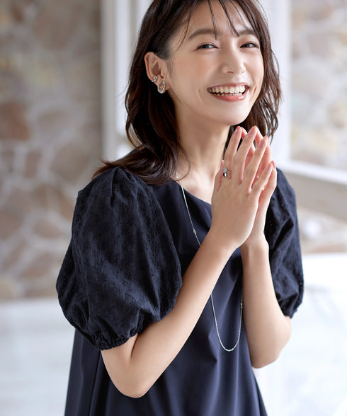 【2TYPE/総レース・袖レース】パンチングレースパフスリーブチュニックブラウス