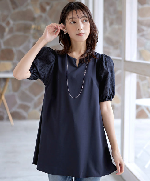 【2TYPE/総レース・袖レース】パンチングレースパフスリーブチュニックブラウス