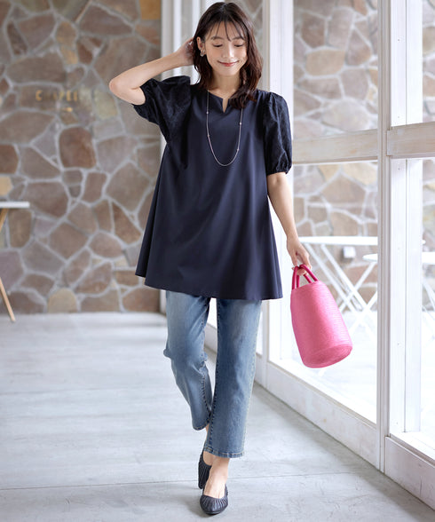 【2TYPE/総レース・袖レース】パンチングレースパフスリーブチュニックブラウス