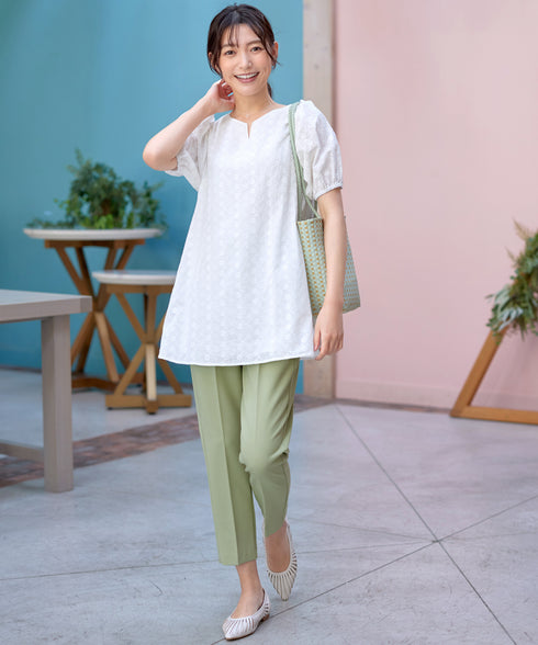 【2TYPE/総レース・袖レース】パンチングレースパフスリーブチュニックブラウス