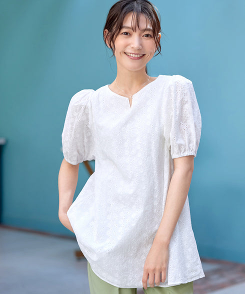 【2TYPE/総レース・袖レース】パンチングレースパフスリーブチュニックブラウス