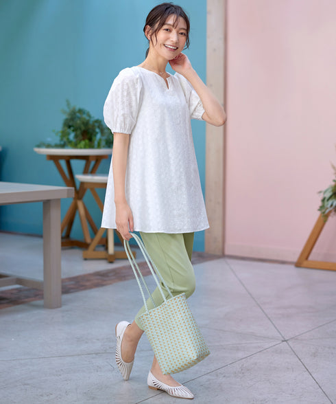 【2TYPE/総レース・袖レース】パンチングレースパフスリーブチュニックブラウス