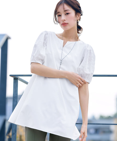 【2TYPE/総レース・袖レース】パンチングレースパフスリーブチュニックブラウス