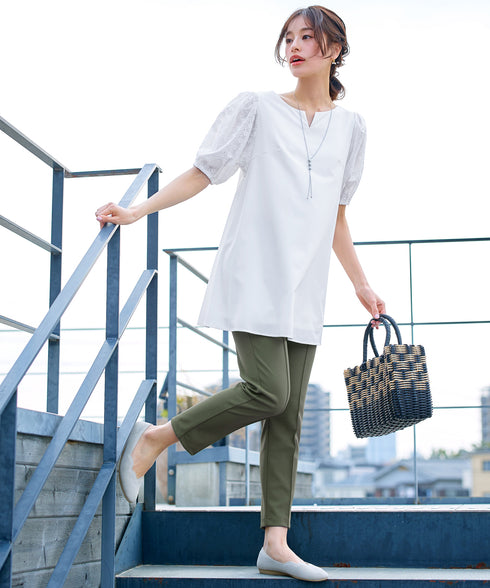 【2TYPE/総レース・袖レース】パンチングレースパフスリーブチュニックブラウス