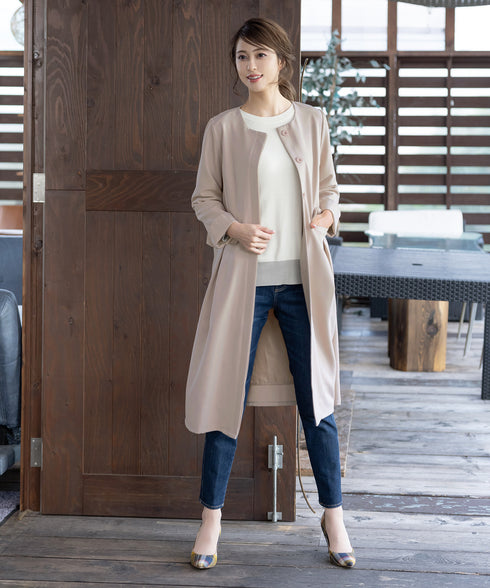 ダブルストレッチ│ノーカラーAラインコート