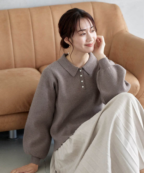 【アウトレット】襟付きパフ袖ニット