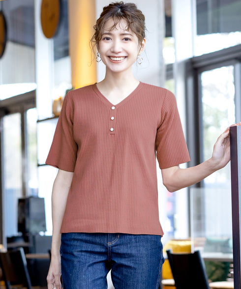 【アウトレット】Vネックボタンニットトップス