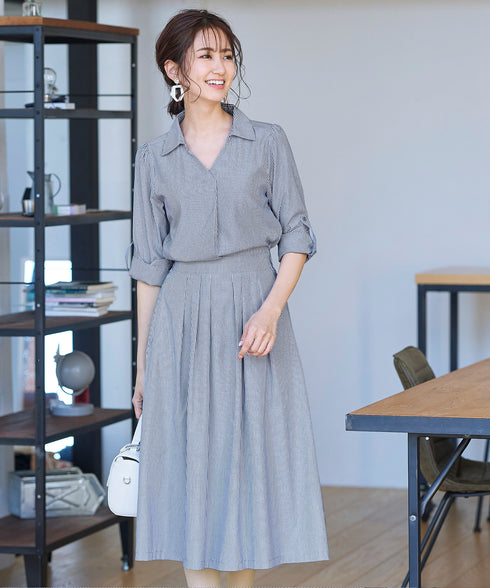 【アウトレット】小顔効果も期待できるスキッパーシャツワンピース