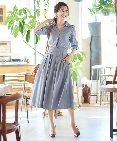 【アウトレット】小顔効果も期待できるスキッパーシャツワンピース