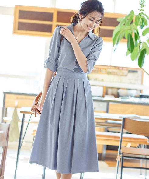 【アウトレット】小顔効果も期待できるスキッパーシャツワンピース