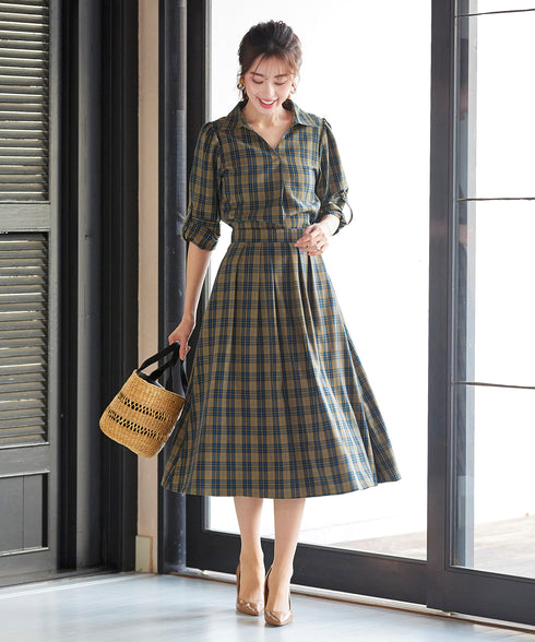 【アウトレット】小顔効果も期待できるスキッパーシャツワンピース