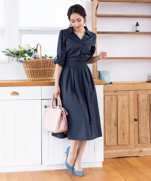 【アウトレット】小顔効果も期待できるスキッパーシャツワンピース