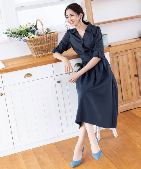【アウトレット】小顔効果も期待できるスキッパーシャツワンピース