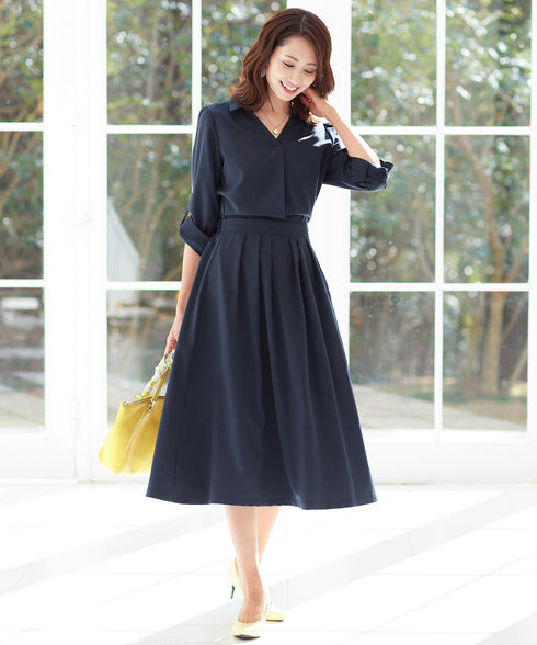 【アウトレット】小顔効果も期待できるスキッパーシャツワンピース