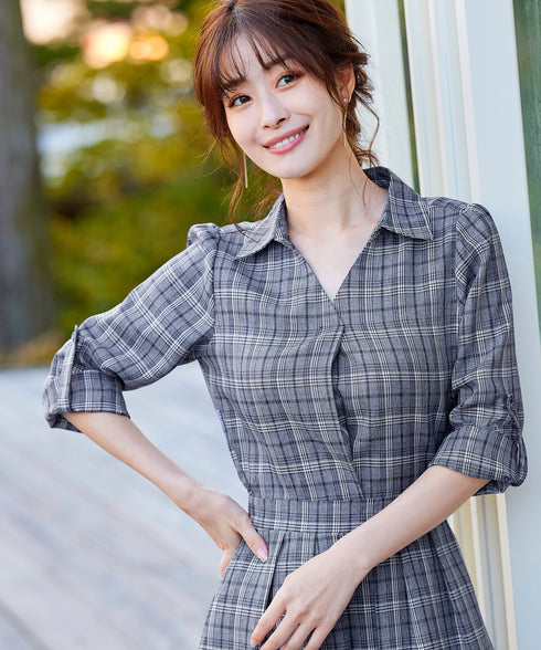 【アウトレット】小顔効果も期待できるスキッパーシャツワンピース