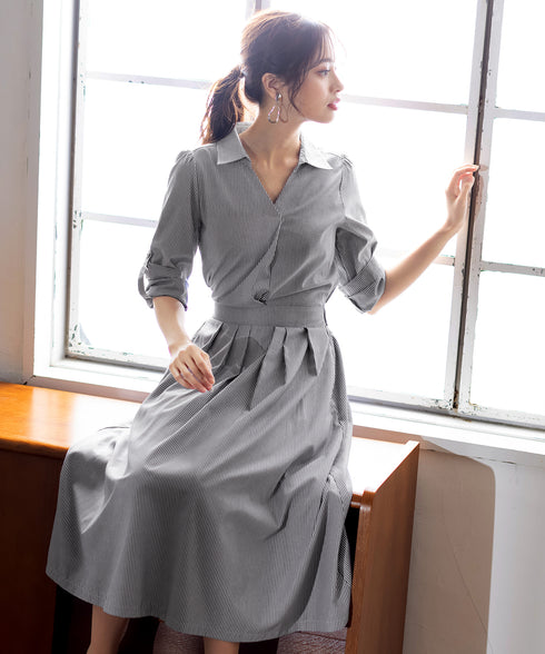 【アウトレット】小顔効果も期待できるスキッパーシャツワンピース