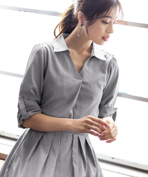 【アウトレット】小顔効果も期待できるスキッパーシャツワンピース