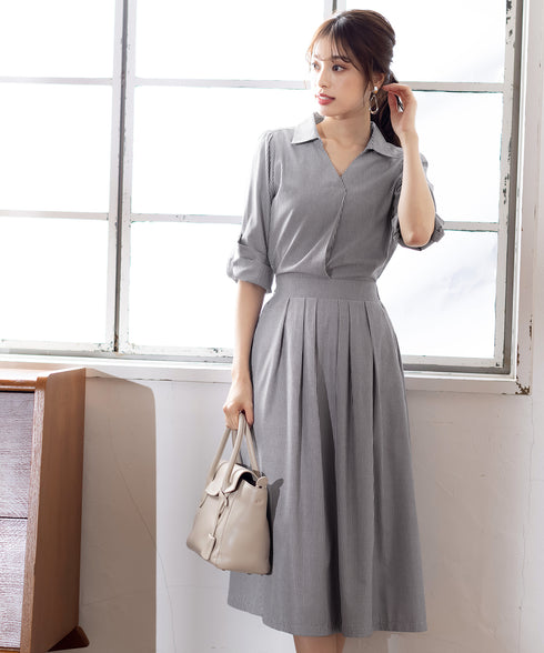 【アウトレット】小顔効果も期待できるスキッパーシャツワンピース