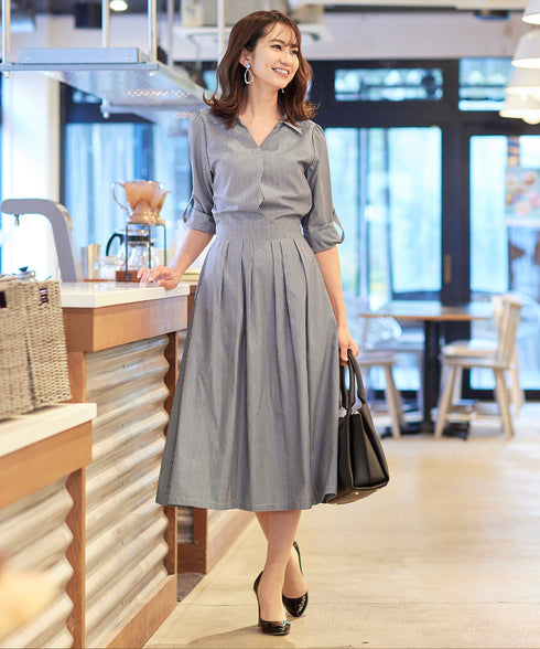 【アウトレット】小顔効果も期待できるスキッパーシャツワンピース