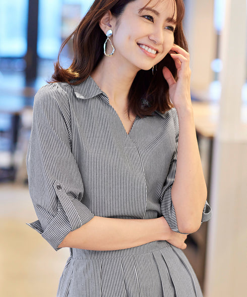 【アウトレット】小顔効果も期待できるスキッパーシャツワンピース