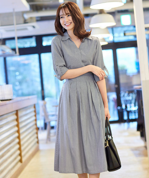 【アウトレット】小顔効果も期待できるスキッパーシャツワンピース