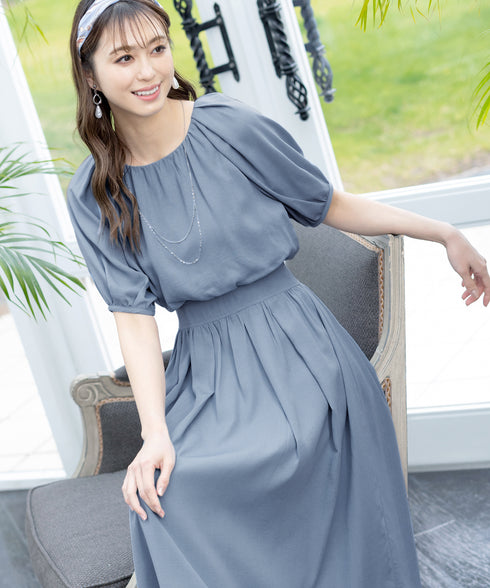 【アウトレット】麻調ギャザーフレアワンピース