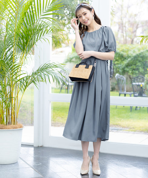 【アウトレット】麻調ギャザーフレアワンピース