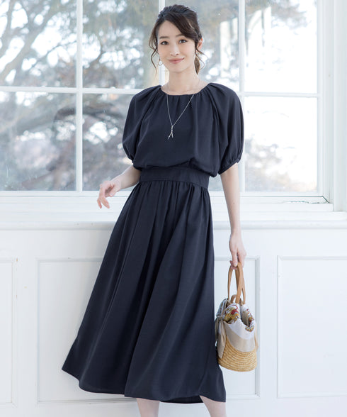 【アウトレット】麻調ギャザーフレアワンピース