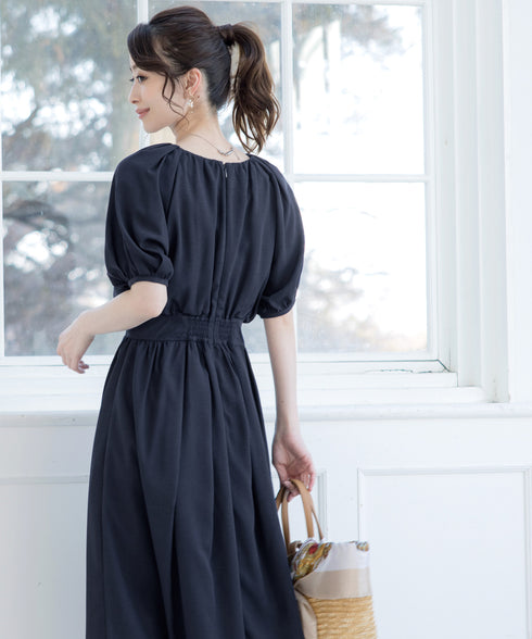 【アウトレット】麻調ギャザーフレアワンピース