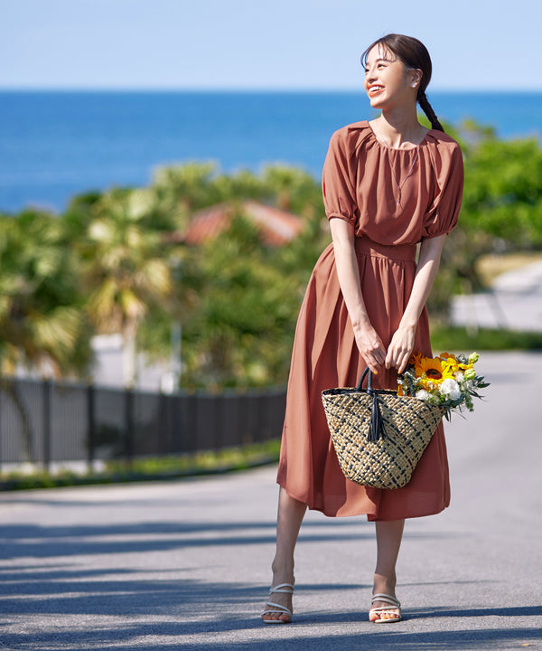 【アウトレット】麻調ギャザーフレアワンピース