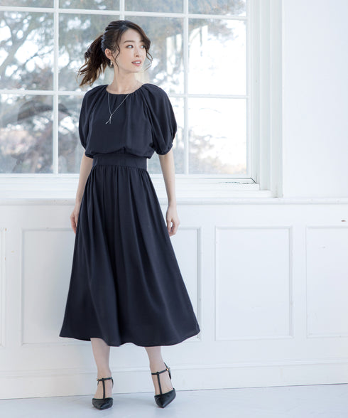 【アウトレット】麻調ギャザーフレアワンピース