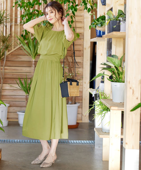 【アウトレット】麻調ギャザーフレアワンピース