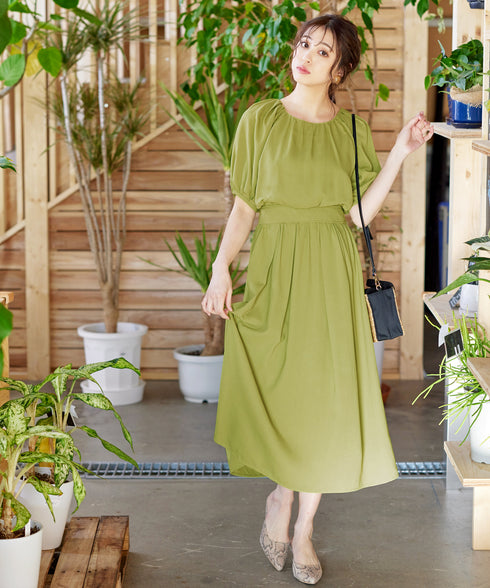 【アウトレット】麻調ギャザーフレアワンピース